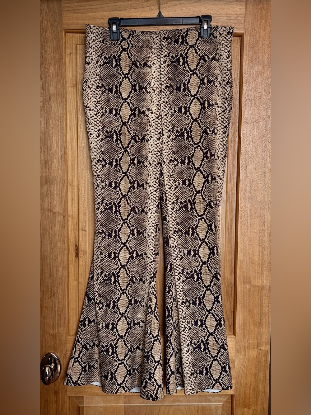 EUC ZARA Snakeskin Flowy Flare Leg Pants Hi Rise Stretch Light XL Tan/Black/Gold - Picture 5 of 16